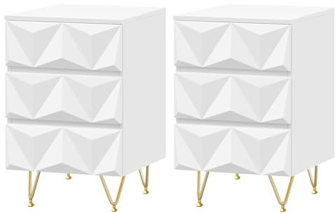 EUGAD 2er Set Nachttische mit 3 Schubladen mit 3D-Effekt gestaltet, Beistelltisch Nachtschrank Nachtkommode 40x62,5x40 cm, für Boxspringbett Schlafzimmer, dekorativ, Weiß + Gold, 0004CTG-2