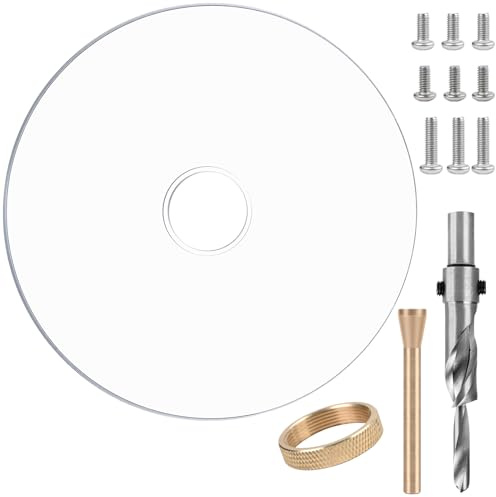 6-1/2 Router Base Plate, Clear Acrylic, Letter-Marked Holes, w/BrassCentering Pin &Brass Nut, Screws for Trim Routers (6-1/2 Circle Blank+Countersink Drill)
