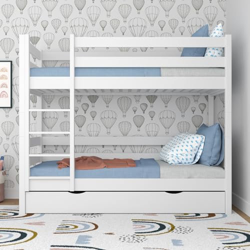 N-Wood N01 Etagenbett mit Schublade 80x190 cm, Hochbett Holz mit Leiter, 2 Leitermontageseiten: Links oder rechts, abgerundete Kanten, Stabile Massivholzkonstruktion, Hochwertige Materialien, Weiß