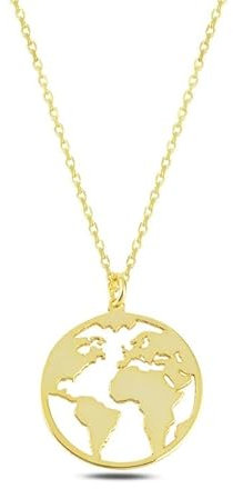 Einzelstück® Halskette mit Weltkugel Anhänger I 925 Sterling Silber Kette 14K Gold vergoldet I Silberkette Damen 45cm mit Weltkarte I Antiallergen & Nickelfrei I Globus Kette Echtschmuck