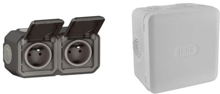 LEGRAND - Prise Etanche Double IP55 avec Terre Plexo - Prise 2P+T 16A Complète avec Volet & Boite de derivation electrique - etanche exterieur - IP55 85X85 - Debflex - 718806 - Polypropylène