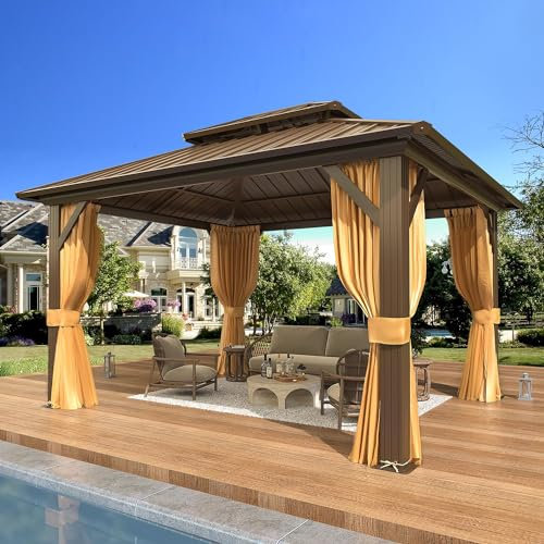 EROMMY 3 x 3.6m Hardtop Gazebo, Galvanized Steel Double Roof Metal Garden Gazebo with Curtain and Netting, Permanent Outdoor Pavilion with Ventilated Top and Aluminum Frame for Patio, Lawn and Garden