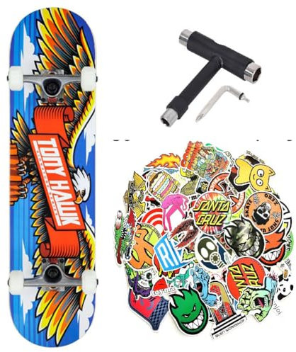 Komplettes Skateboard Tony Hawk PROFESSIONAL Serie Anfänger + Mehrzweck-Tool + 50 glänzende Sticker (Wingspan blue-tool-50stick, 8.0)