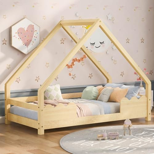 KOMHTOM Kinderbett, Hausbett mit Fallschutz, Jugendbett mit Lattenrost aus Holz, Bettrahmen, minimalistisch (ohne Matratze) (Natur, 80 x 160 cm)