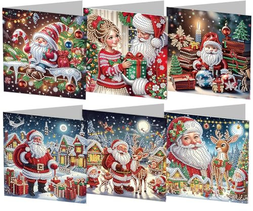 Generish 5D DIY Diamond Painting Karten, 6 Stuck Diamond Painting Weihnachten Karten,Weihnachtsmann Handgefertigte Grußkarten Geschenkkarte Feiertags für Familie, Freunde
