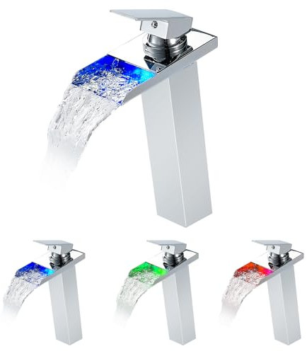 LED Wasserfall Hoch Wasserhahn Bad, 3 Farbewechsel Waschtischarmatur Hoch mit Temperatursensor, KEOKBON Beleuchtung Armatur aus 304 Edelstahl Einhebelmischer Warmes kaltes Waschbeckenarmatur, Chrom