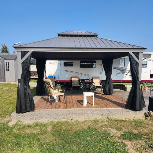 PURPLE LEAF Tonnelle de Jardin Exterieur 3,65 x 4,25 m, Tonnelle en Aluminium à Double Toit, Pergola Imperméable Tente de Réception avec Moustiquaire et Rideaux pour Camping, Fête, Barbecue