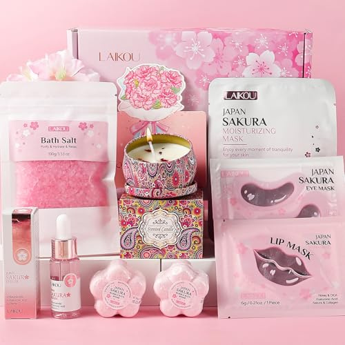 LAIKOU Sakura Bad Geschenkset für Frauen | mit Duschgel, Körperlotion, Peeling und Handcreme und mehr, Geschenk zu Weihnachten, Geburtstag oder Muttertag