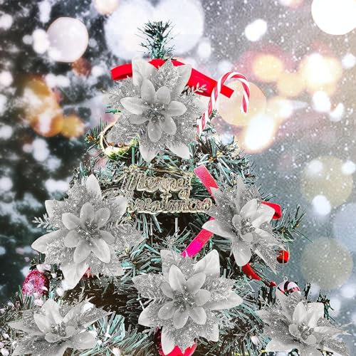 Guidre 20 Flores de Navidad Decorativas, 14 cm, Flores de Navidad Brillantes con Clips, Flores Artificiales de Navidad para Boda, árbol de Navidad, Adornos de Año Nuevo (Plata)