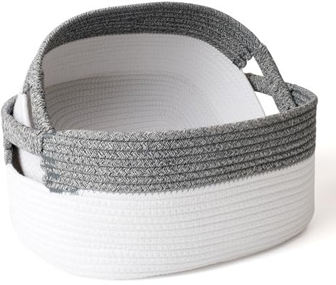 LA JOLIE MUSE große Baumwollseil Aufbewahrungskörbe, 2er Set, natürlich und sicher für Babys und Kinder im Kinderzimmer, zweifarbige gewebte dekorative Körbe, 43 + 38 cm Grau Weiß