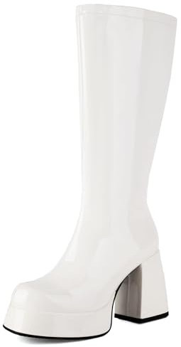 Stivali Alti Fino al Ginocchio Vernice Donna,Stivali Cosplay alla Moda Tinta Unita,Stivali Discoteca Punta Rotonda Anni '70,Stivali metà Polpaccio Cerniera Laterale Metallica,Bianca,38 EU