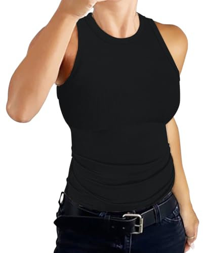 DUOEASE Camiseta Sin Mangas Mujer Verano Negro 2025 Cuello Crew Basicas Slim fit Camiseta Elástica Ajustado Costilla Top Mujer(Negro,M)