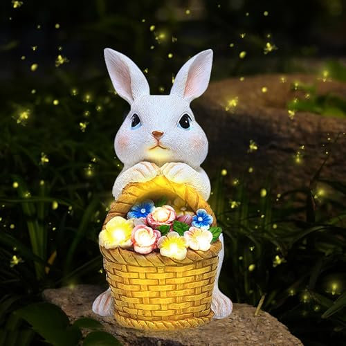 DZAY Osterdeko Gartenfiguren Solarlampen für Außen Garten Statuen,Osterhase Garten Deko Outdoor Indoor,Kaninchen Blumen Statue mit 5 LED Licht,Gartendeko für Draußen Wetterfest Osterdekoration (Weiß)