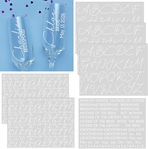 6 Sheets Wedding Letter Stickers, Personalized Name Stickers, White | Custom Bride Bridesmaids Stickers, Vinyl Name Decal, UV DTF Cup Wraps for Champagne Glasses Cups Bridal Shower Bachelorette