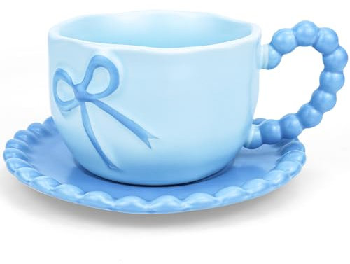 Disoza 350 ML Bleu Boucle Tasse à café Cute Mug Porcelaine Café Thé Tasse Céramique Tasse avec Boucle et anse Set de tasses à café avec soucoupe