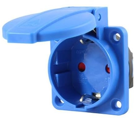 Base de enchufe industrial IP44 de 16A, resistente al agua, ideal para entornos exteriores y uso en maquinaria eléctrica.