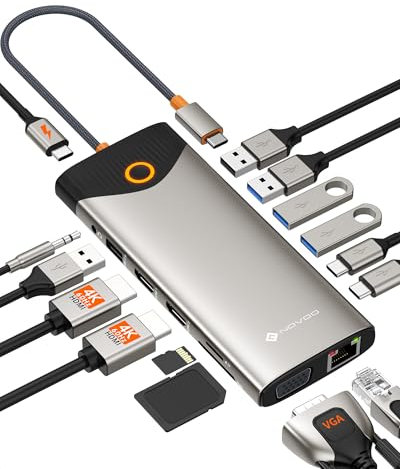 Docking Station d'accueil USB C, 15-en-1 NOVOO, 2 HDMI 4K@60Hz, VGA, USB-C/A 5Gbps, Lecteur SD/TF, Ethernet Gigabit, 100W PD – Bouton on/Off Écran Externe, Dock Polyvalent pour PC Portable, MacBook
