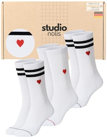 Studio Nolis Tennissocken Herz 3er Set OekoTex100 Baumwolle Herzchen Socken | Crew Socks Damen Stickerei Baumwollsocken