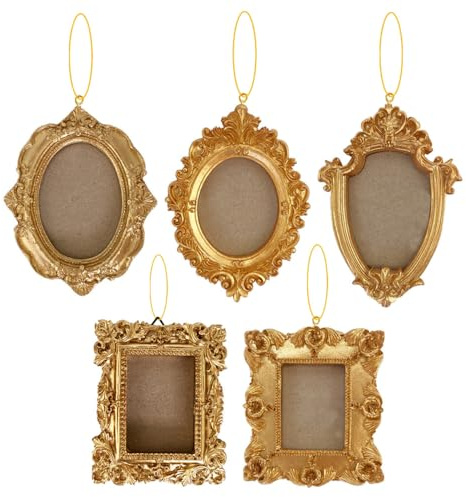 DONGKER Mini Bilderrahmen, 5 Stück Vintage Gold Fotorahmen, Barock Hängerahmen aus Kunstharz mit Seil für die Dekoration von Hochzeiten, Zuhause, Büro und Hotels