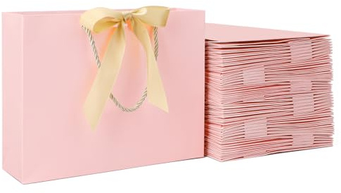 EUSOAR Rosa Papiertüten mit Henkel - 50 PCS 230GSM Geschenktüten mit Schleifenbändern - Gift Bags with Ribbon 27x8x21cm M - Mittel Rosa Geschenktüten für Hochzeit Party Bankett
