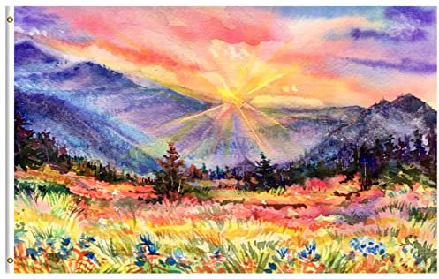 Garten Flagge Sonnenaufgang Berge Landschaft Bunte Blumenwiese Garten Fahnen Langlebig Dekoration Hof Flaggen, Für Feiertage, Partys, Veranda, 90x150cm
