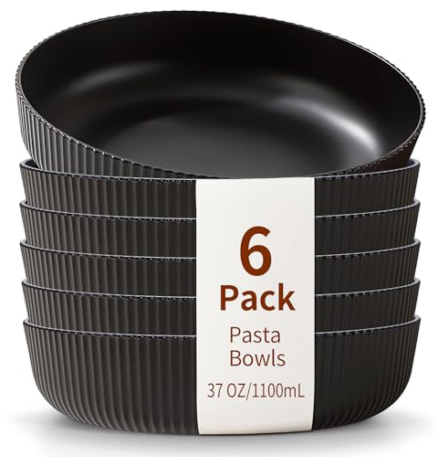HOMQUEN Pastateller, 6-Teiliges Tiefe Teller Set, 1100 ml Schwarz Suppenteller, Nudelschalen, Suppenschalen, Salatschale Set, Unzerbrechliche Essschalen aus Kunststoff, Spülmaschinenfest (Schwarz)