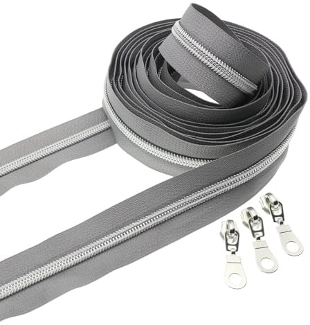 Leekayer #5 Reißverschlüsse aus Nylon, metallisch, silberfarben, 4,5 m, mit Reißverschluss, Grau, mit 10 silberfarbenen Gleitern für Tasche, Handwerk, Nähen, Basteln (Grau)