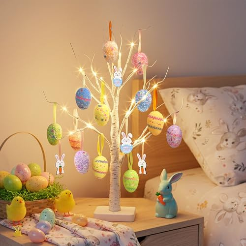 Eambrite Easter Tree with Colourful Eggs & Bunny White Twig Tree Battery Operated with Timer Easter Decorations Indoor for Home Table Decor