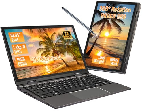 AEEVD 10.95inch Touchscreen Laptop, N95 Quad-Core, 16GB DDR5,960GB SSD,2K Display, Backlit Keyboard, 4500mAh, 360° Rotation, WiFi 5, Bluetooth 5.0