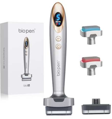 bio 6 Derma Stamp Elektrisch Upgrade 2026 | 4-in-1 Dermastamp Microneedling für Gesicht & Kopfhaut, 140 Pins, Rot & Blau LED Lichtpflege, sanfte Massage | inkl. 2 Aufsätze: 0,5 mm(Graugold)