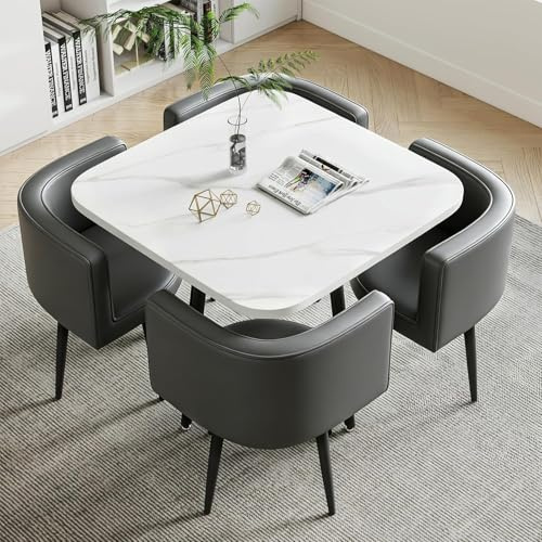 Quadratisches Esstisch und Stühle für 4 Personen, MDF-Esstisch mit PU-Leder Gepolsterten Stühlen, Küchetisch Set Sitzgruppe für Küche für Küche, Wohnzimmer, Balkon, Restaurant, Büro (Quadratisch Weiß)