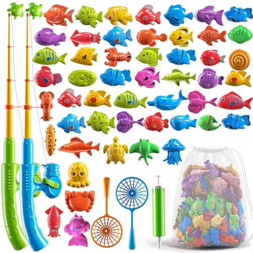 XINNOVEL Magnetic Fishing Toys Game Pool Toys Set for Kids 3-5, Bathtub Floating Toy Fishing Pole and Rod Net, Bath Pool Outdoor Gifts for Toddlers Baby Age 3 4 5 6 7 8 Year Old