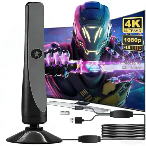 Indoor TV Aerial for Weak Signal Areas – 360° Omnidirectional Antenna No Drilling Required | 500+ Miles Range with Signal Booster | No Monthly Fees | 4K HD (Large)