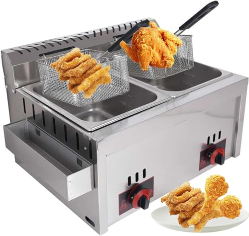 IVEJBZLWMN Freidora de Gas de Doble Cilindro de 10 litros, de Acero Inoxidable, para freír Pollo y Patatas Fritas, Ideal para restaurantes comerciales, con Cesta y Pala Profesionales Cocina d