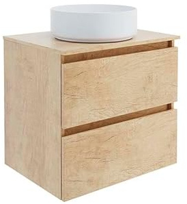 Baikal Mueble de Baño Mel. Mueble MONTADO. 60cm Nature 2 Cajones Suspendido con Lavabo sobre Encimera. Armario de Baño. Incluye Lavabo Ceramico