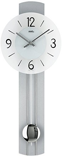 Pendeluhr AMS 7275 Wanduhr mit Pendel Quarz , Holzrückwand silber lackiert
