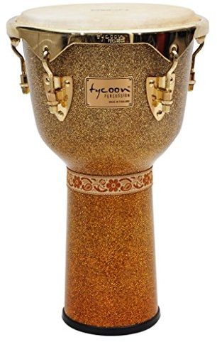 Tycoon Percussion 12 Djembe, Color Fade Design, 22 Tall Siam Oak Shell, Goat Skin Head, Chrome Deluxe Hoops, 5/16 Tuning Lugs & Wrench, Sparkling Gloss Finish, Master Platinum Sunrise Series