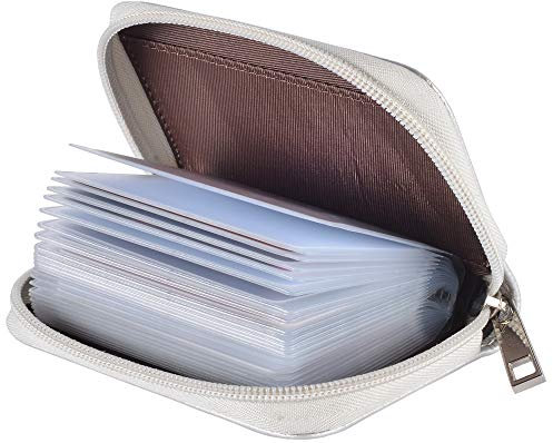 Easyoulife Kreditkartenetui aus echtem Leder mit Reißverschluss und 26 Kartenfächern, silber, Small