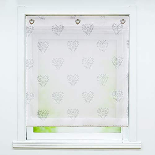 Joyswahl Voile Ösenrollo Transparenter Raffrollo mit Herzen Muster Schals Fenster Gardine mit Hakenaufhängung, ohne Bohren BxH 60x140cm Grau 1 Stück