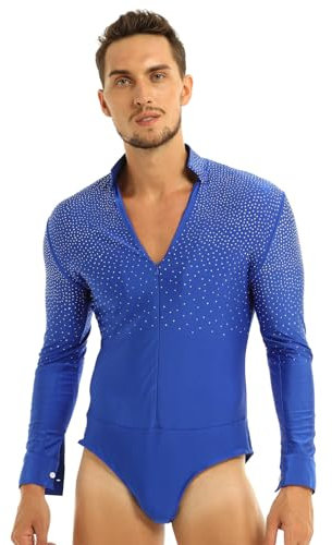 MSemis Herren Langarm Body Latein Hemd Jazz Tango Glitzer Shiny Tanz Kostüm Freizeit Hemd mit Reißverschluss Stretch Bodysuit Turnanzug Blau L
