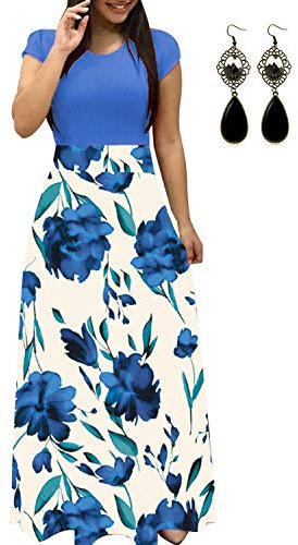 UUAISSO Donna Vestiti Eleganti Lunghi Floreale Casuale Abito Maxi Manica Corta Abiti Vestito da Cocktail Banchetto Sera D-Blu-Manica Corta L