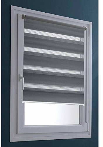 MADECOSTORE - Estor Doble, Enrollable, para día y Noche, 65 x 100 cm (Largo x Alto), fijación con o sin taladrar, Cadena a Juego, Gris