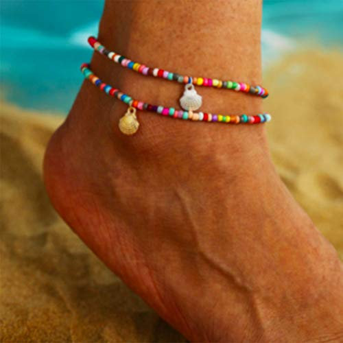 Yienate Strand-Fußkettchen bunte Perlen Legierung Jakobsmuschel Anhänger Knöchel Armband Charme zierlich für Muttertag Fußschmuck für Frauen und Mädchen (Silber)