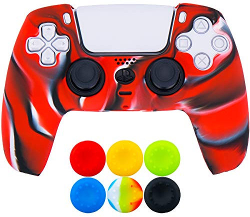 9CDeer 1 x Stück Schutzfolie Silikon Dick Hülle + 6 Thumb Grips für Playstation 5 / PS5 Controller Tarnung rot