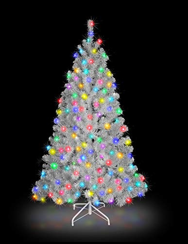 SHATCHI 7ft/2.1m Pre-Lit Artificial Christmas Tree Alaskan Pine White 800 Tips-200 Multicolour LEDs Metal Stand Xmas Home Decorations, 210cm