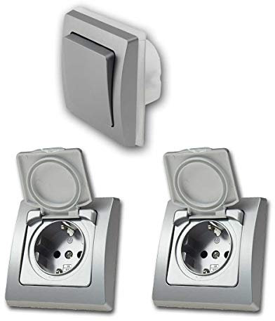 Schalter + Steckdosen Set Feuchtraum S, anthrazit, 3-teilig, IP44, Schalterserie DELPHI, Unterputz