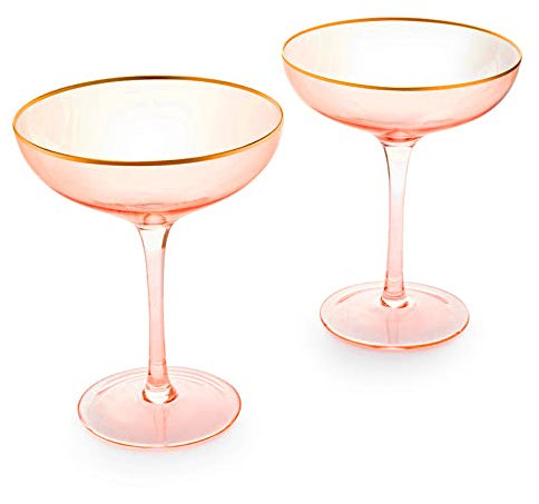 The Wine Savant Blush Pink 9oz Coupe Glasses with Gilded Gold Rim, Set of 2 - Elegant Martini & Champagne Tumblers, Ideal Gift for Weddings, Anniversaries, and Special Celebrations