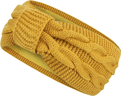 Damen Stirnband gestricktes Haarband mit Schleife und Zopfmuster, Mädchen Ohrenwärmer gefüttert mit weichem Fleece Innenfutter, SB1026
