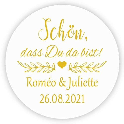 MameArt 50 Stickers Aufkleber Hochzeit Personalisiert Schön DASS Du da bist, 4cm Etikett für Hochzeit Gastgeschenk Taufe Kommunion Feste Geschenke Präsente (Gold)
