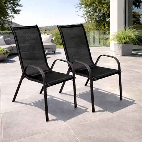Mojawo 2 Stück Stapelsessel Gartenstuhl Gartensessel stapelbar mit Textilenbespannung Balkonmöbel Gartenmöbel Terrassenmöbel Anthrazit - Schwarz Metall - Textil